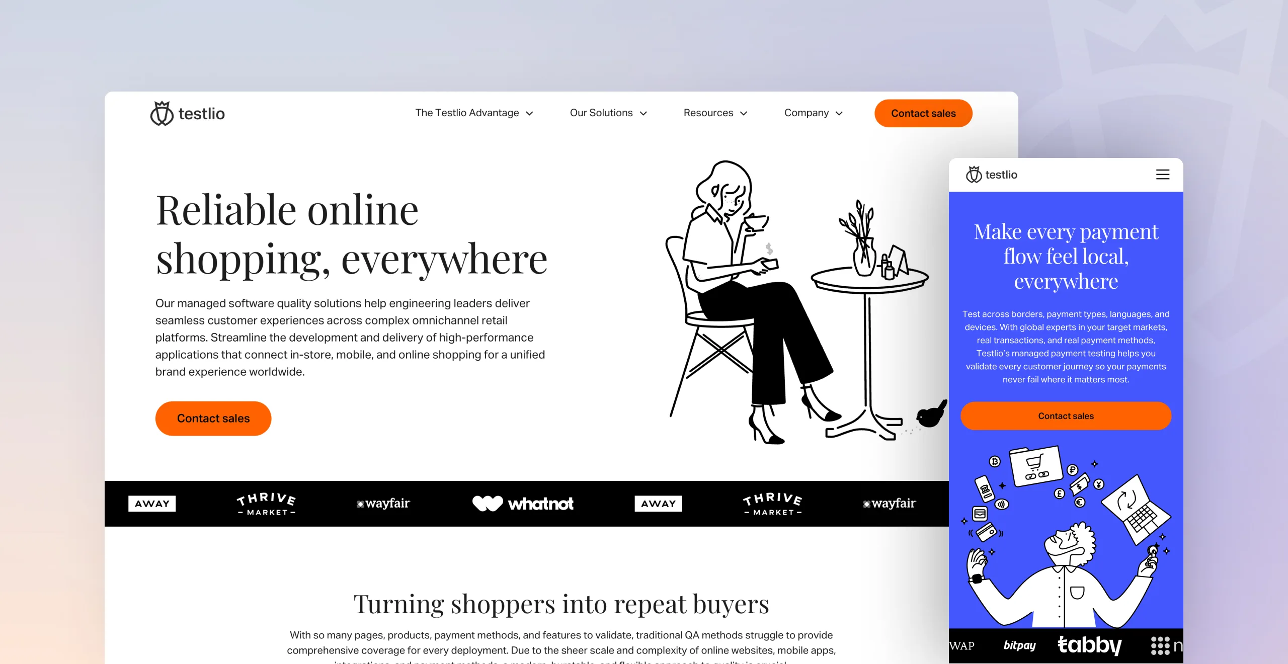 Testlio retail solution page on desktop, Reliable online shopping, everywhere, beside the payments testing page on mobile, Make every payment flow feel local