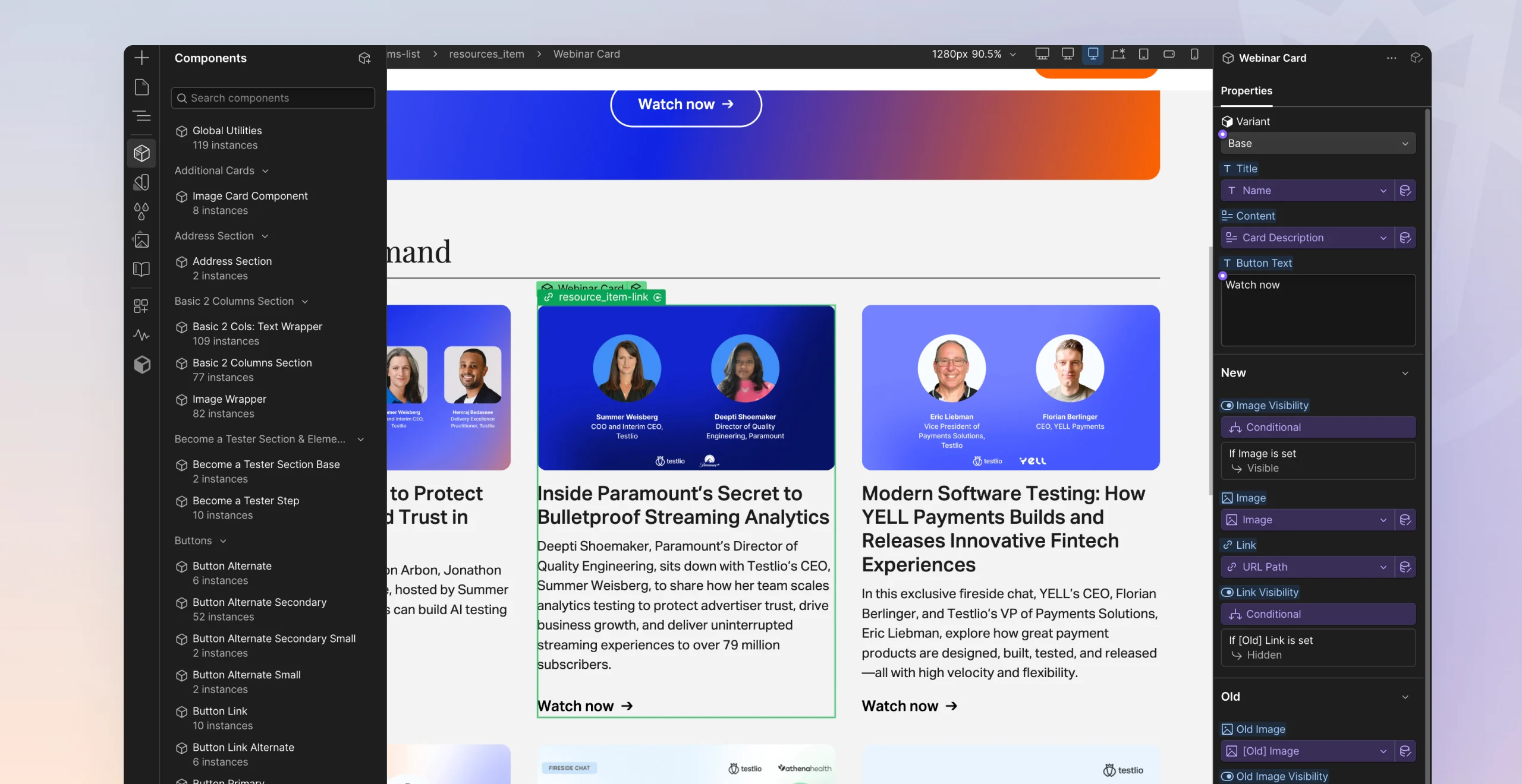 Testlio component library in the Webflow Designer with a Webinar Card selected on the resources page, showing its variant, title, image and link properties