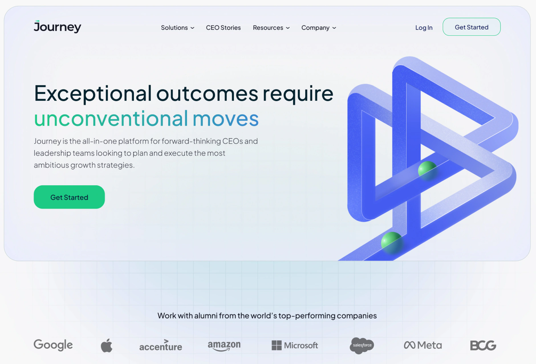 The Journey Platform homepage after the redesign, with the refreshed hero, Get Started button and the logo strip of companies its alumni come from