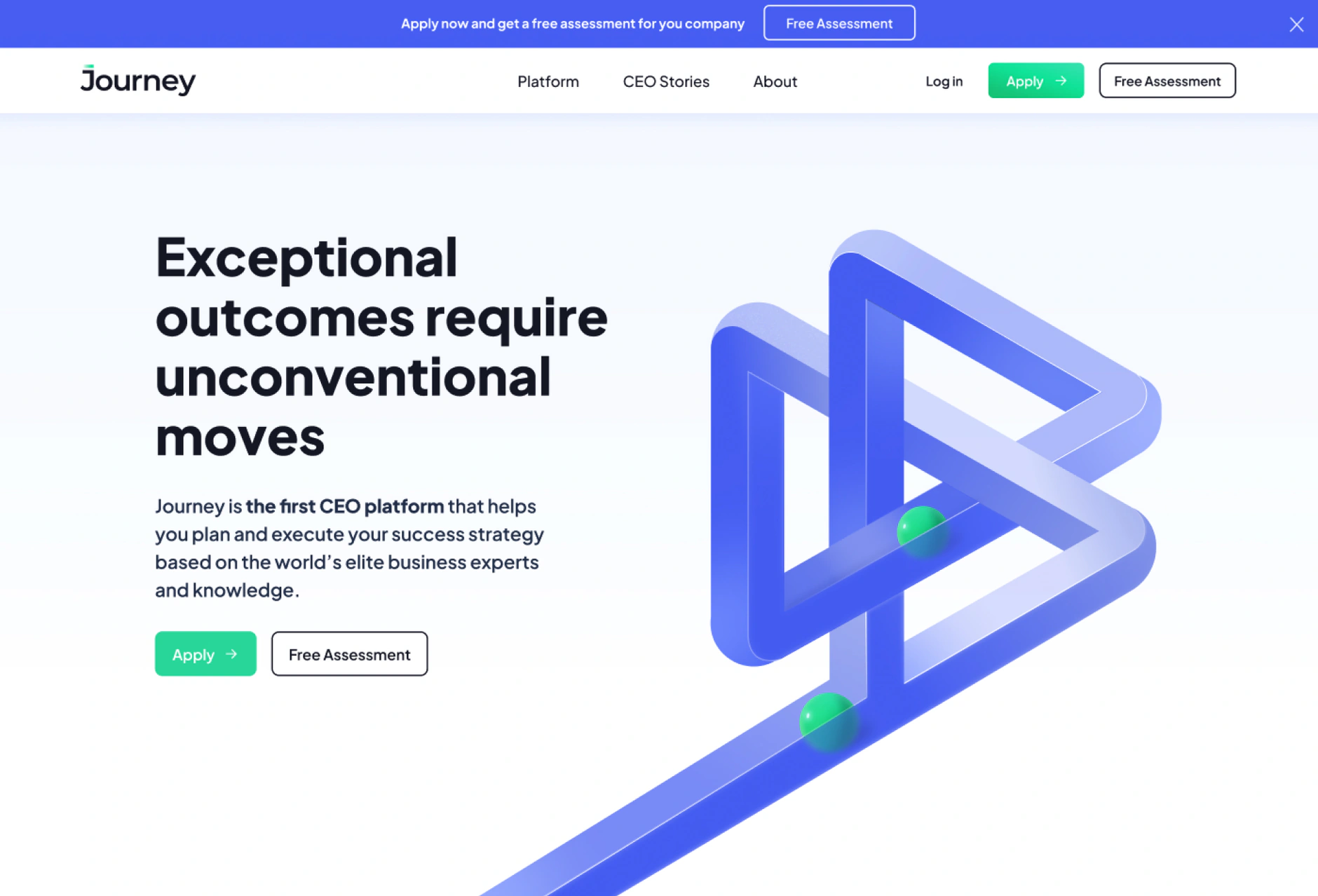 The Journey Platform homepage before the redesign, with the Exceptional outcomes require unconventional moves hero and Apply and Free Assessment buttons