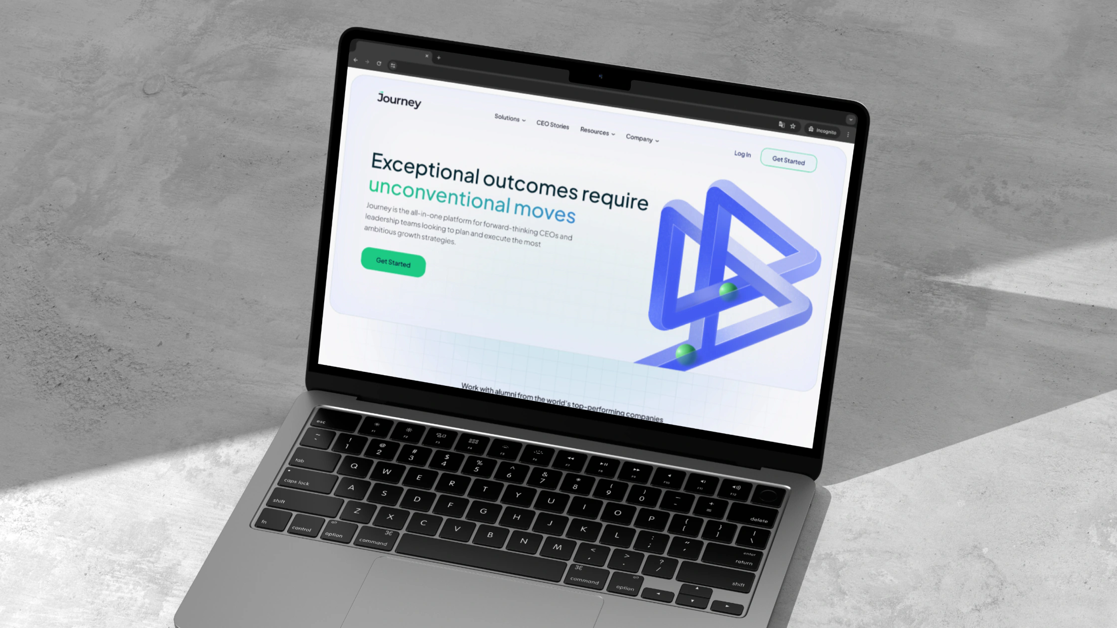 The Journey Platform homepage on a laptop: Exceptional outcomes require unconventional moves, beside the isometric J mark
