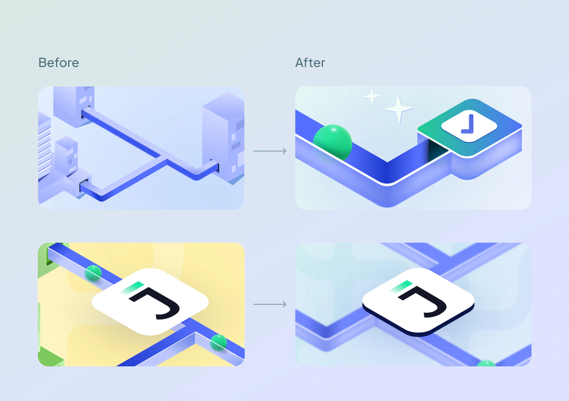 Before and after comparison of The Journey Platform isometric illustrations, refined into cleaner cards with the J mark