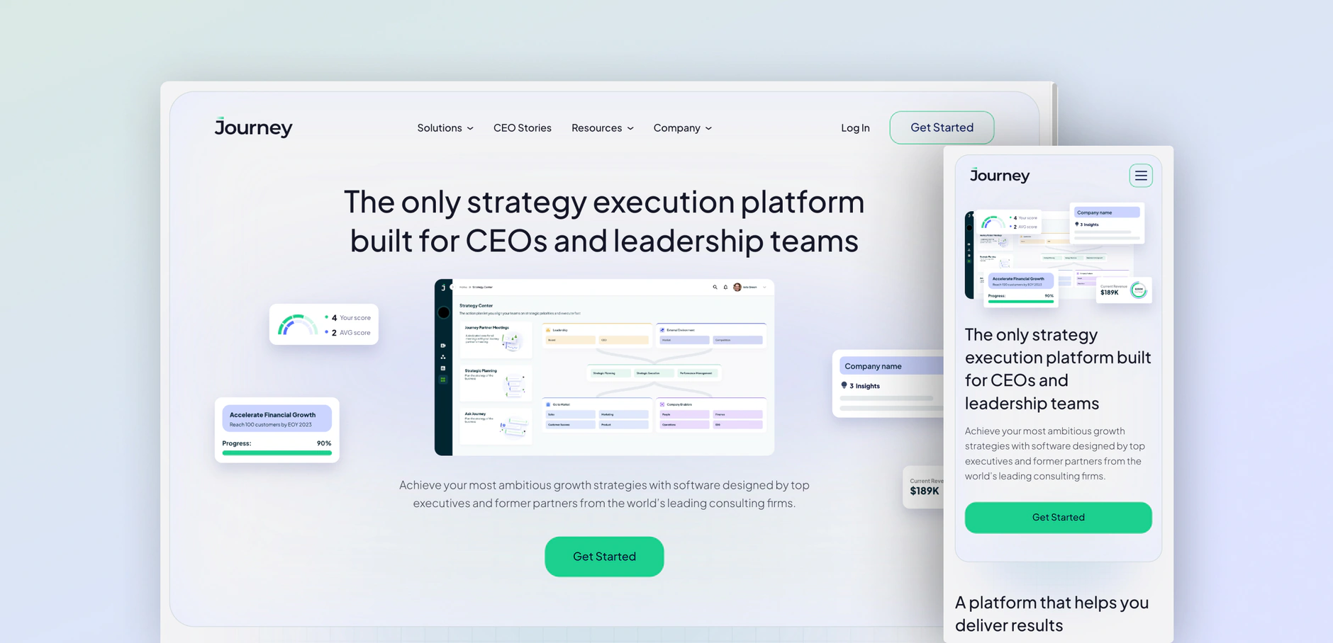 The Journey Platform strategy execution page shown as paired desktop and mobile mockups with the dashboard visual