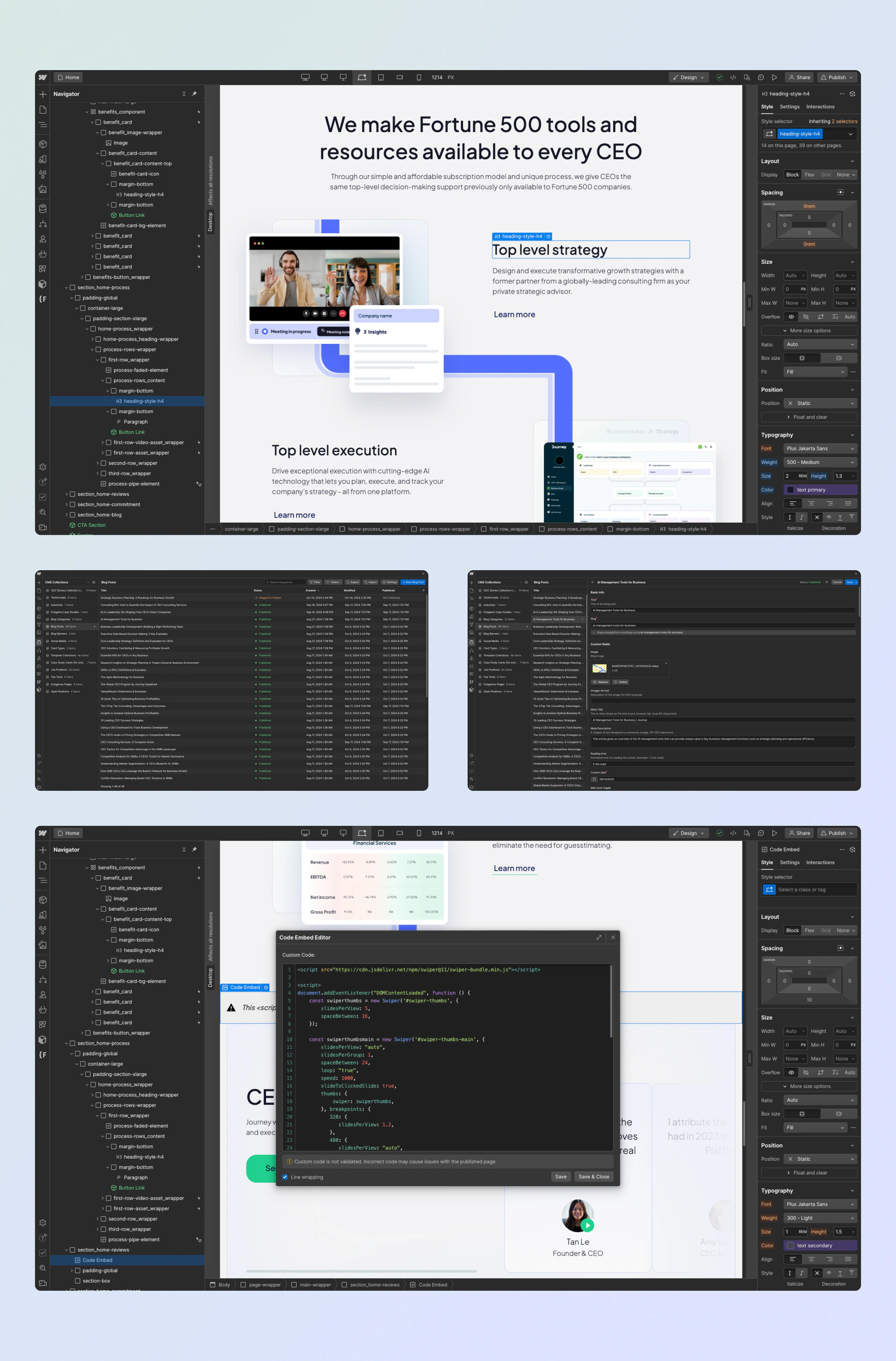 The Journey Platform built in the Webflow Designer with the Navigator tree, style panel, CMS lists and a code embed