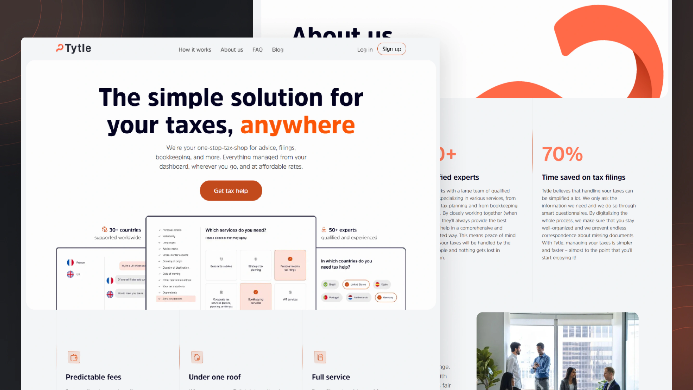 The Tytle homepage hero and tax services questionnaire, in front of the About us page with its experts and time-saved figures