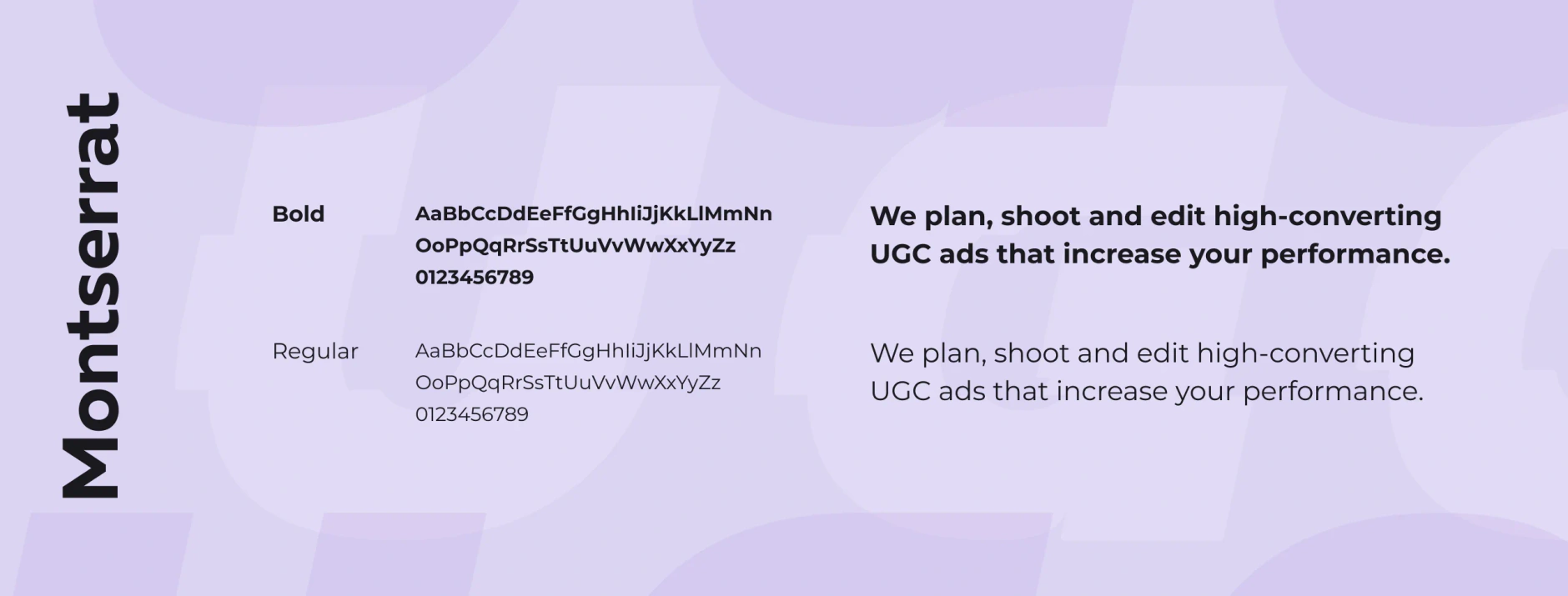 UGC Masters typography sheet showing Montserrat bold and regular character sets with sample marketing sentences