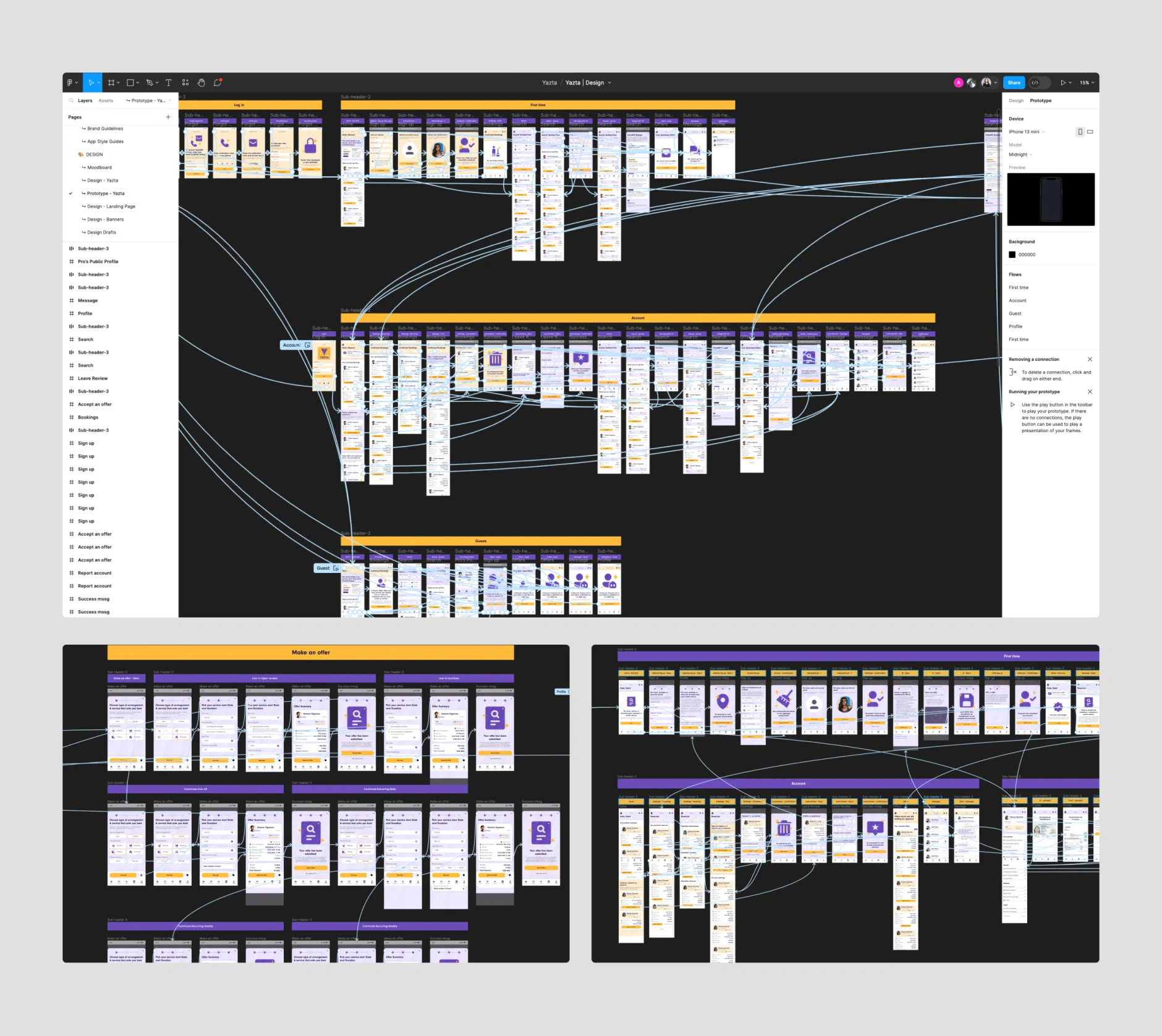 Figma prototype board for the Yazta app with hundreds of linked mobile frames and blue connection lines