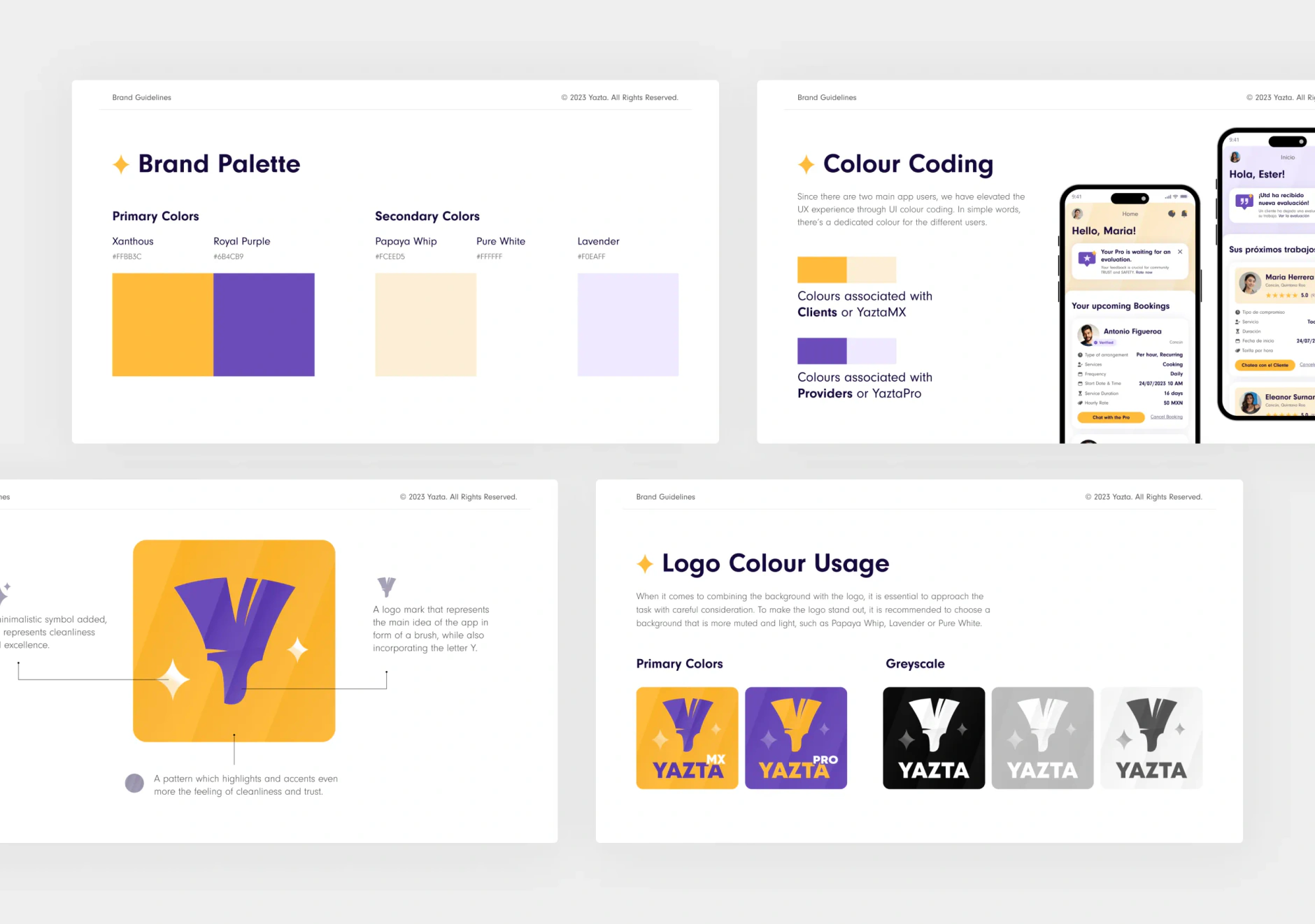 Four Yazta brand guideline pages covering the palette, colour coding by user type and logo colour usage