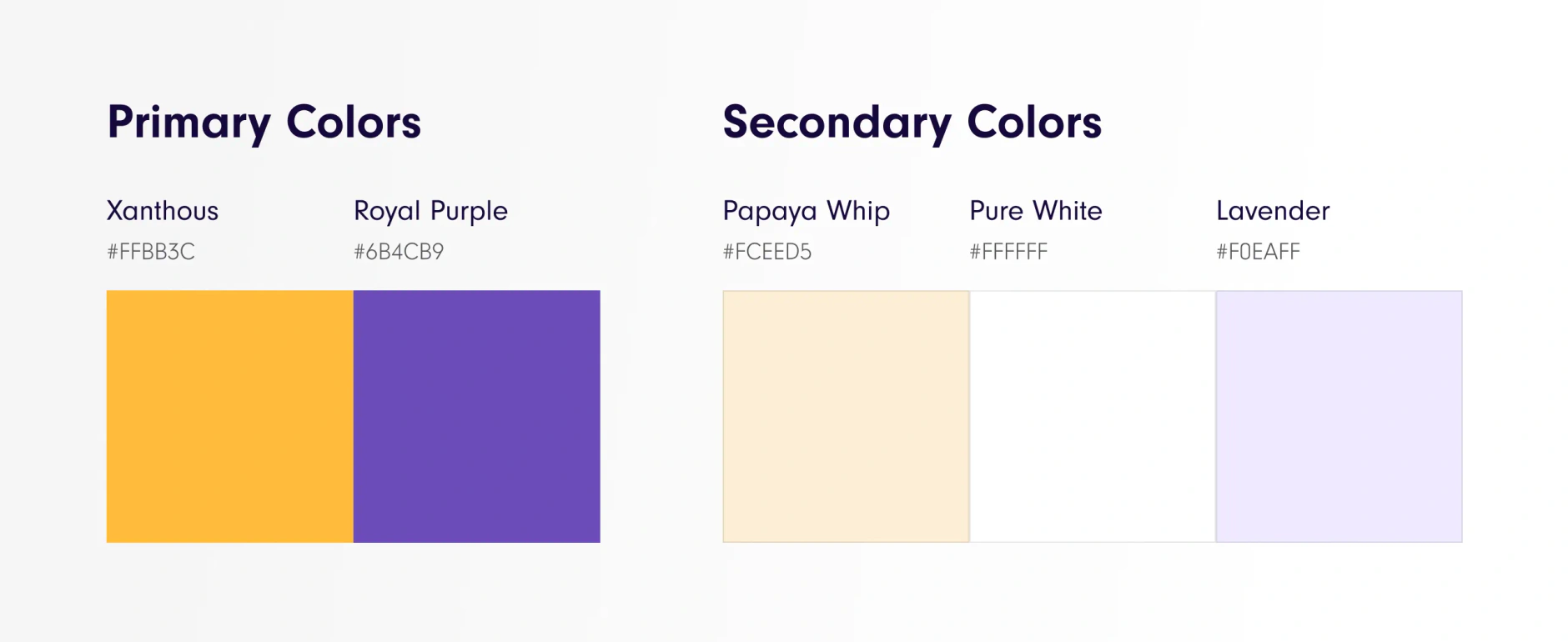 Yazta colour palette with primary yellow and purple plus secondary cream, white and lavender hex values