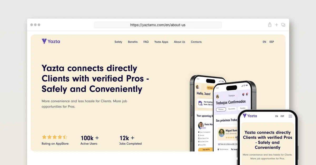 The yaztamx.com About Us page in a desktop browser and on a phone, headlined Yazta connects directly Clients with verified Pros - Safely and Conveniently
