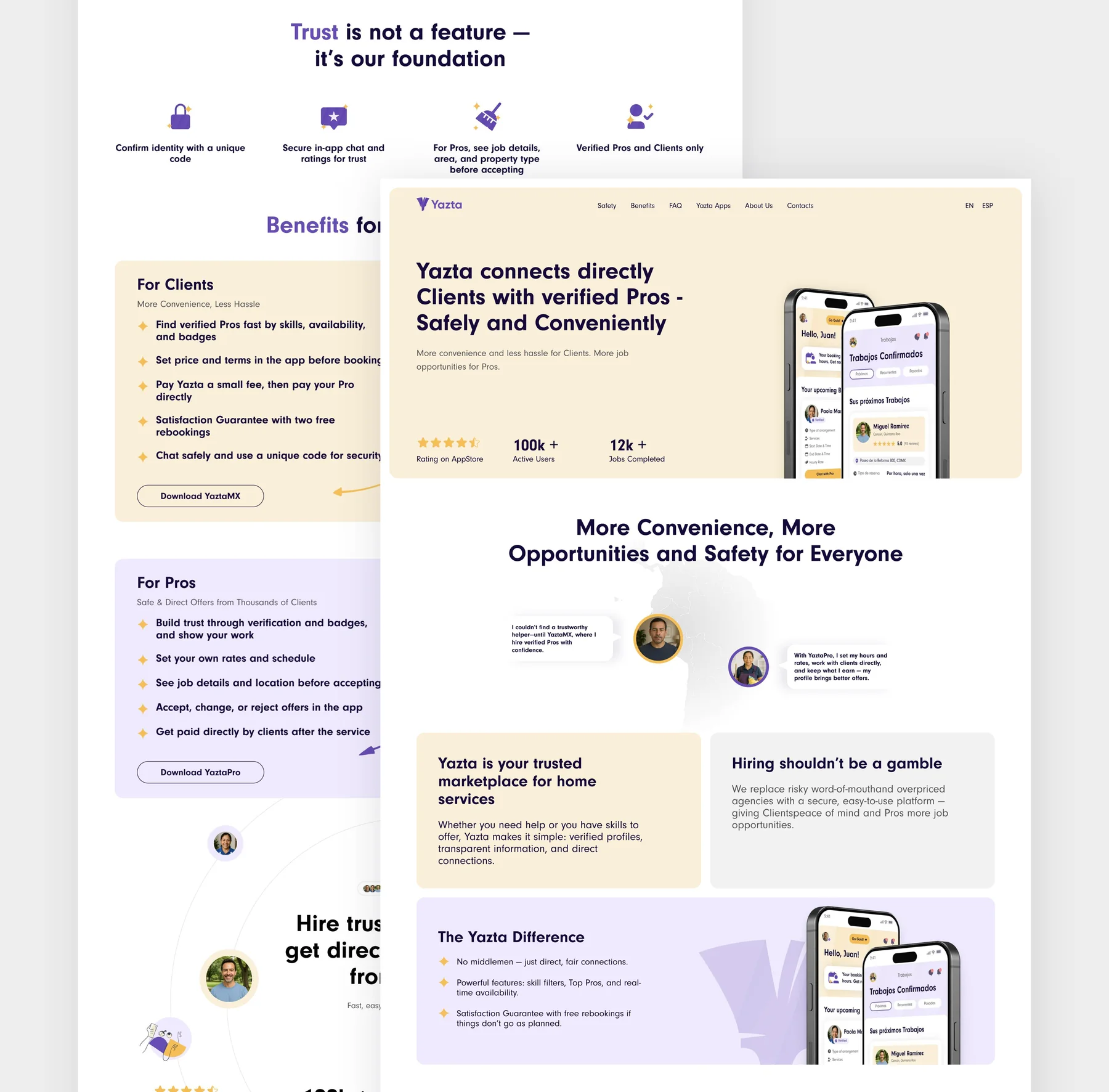 Yazta About Us page designs: the hero connecting Clients with verified Pros, The Yazta Difference, trust features, and benefit lists for Clients and for Pros