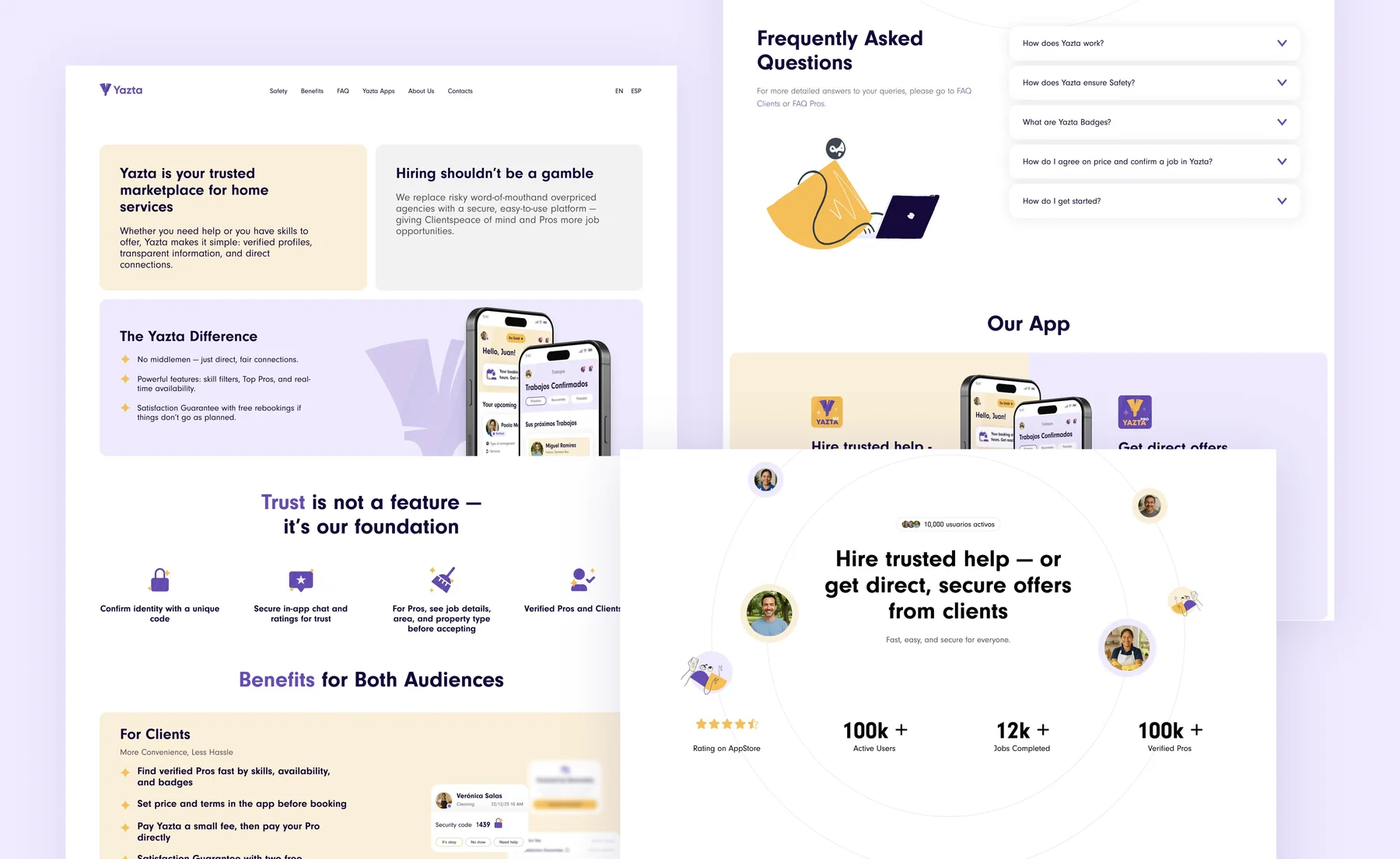 More yaztamx.com About Us sections: the trusted marketplace and Yazta Difference cards, the FAQ and Our App blocks, and Hire trusted help with 100k+ active users