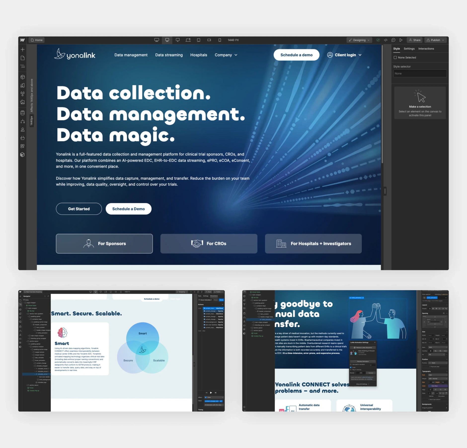 Yonalink homepage open in the Webflow Designer, plus further build views including Lottie animation settings