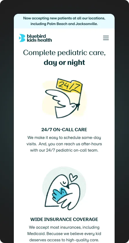 The Bluebird Kids Health website on a phone