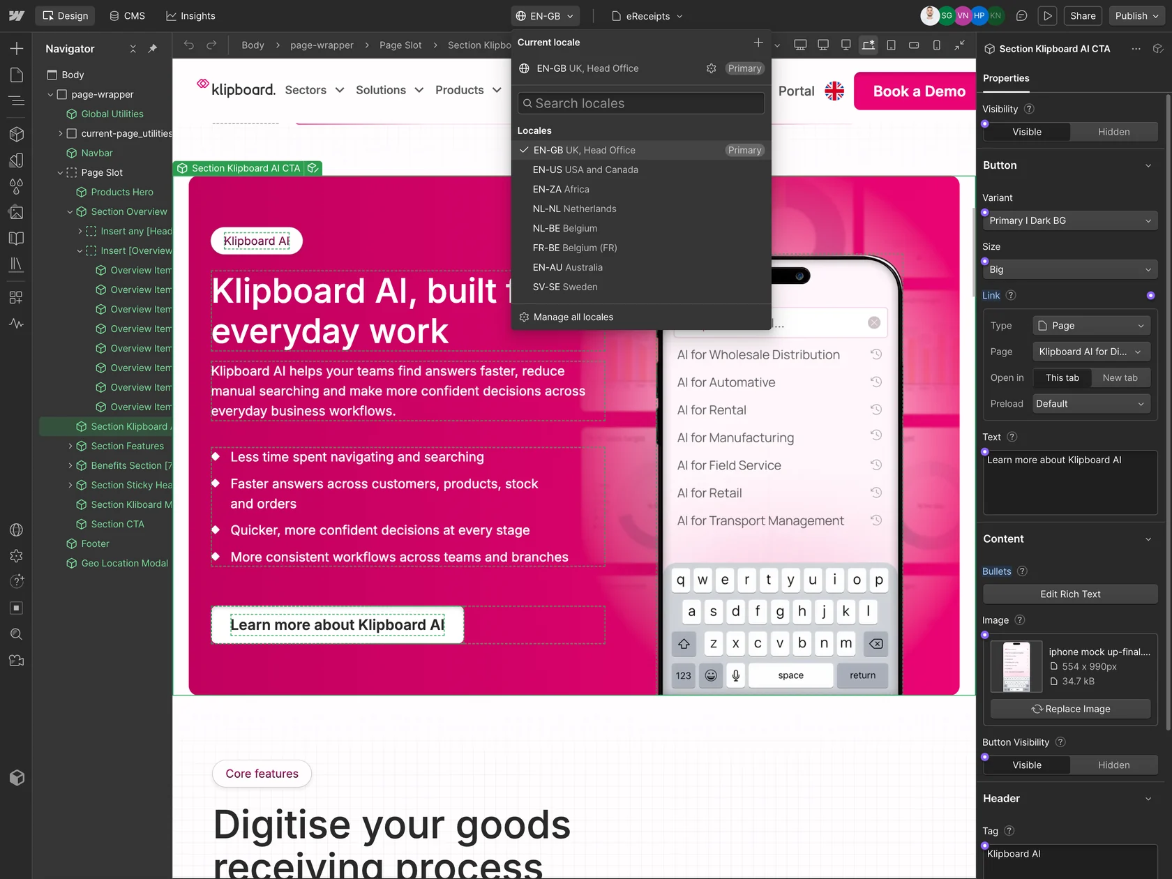 The Klipboard site open in the Webflow Designer, with the locale menu listing its eight regional versions and the Klipboard AI section selected
