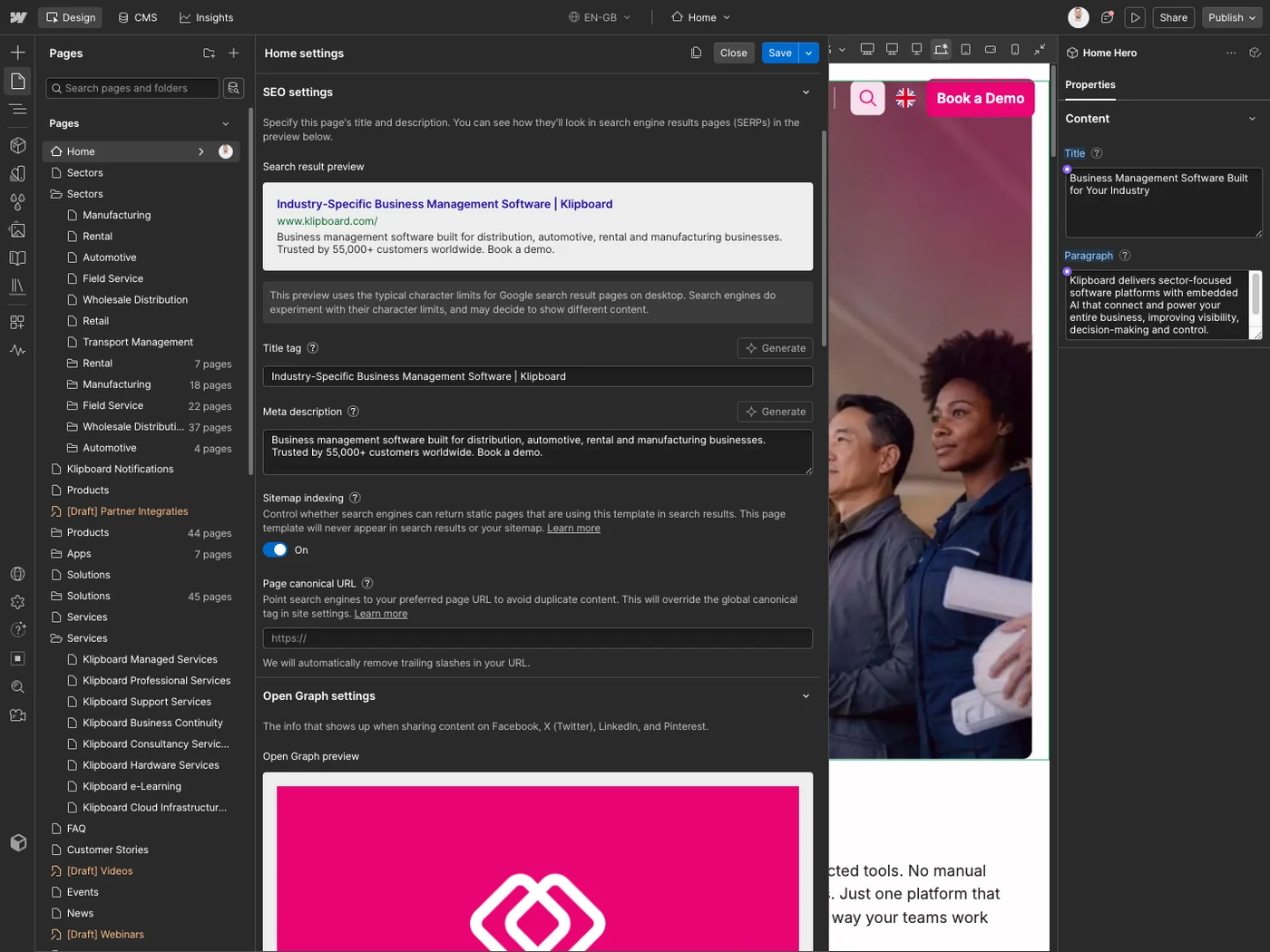 The SEO settings of the Klipboard home page in Webflow: the search result preview, title tag, meta description, sitemap indexing and canonical URL