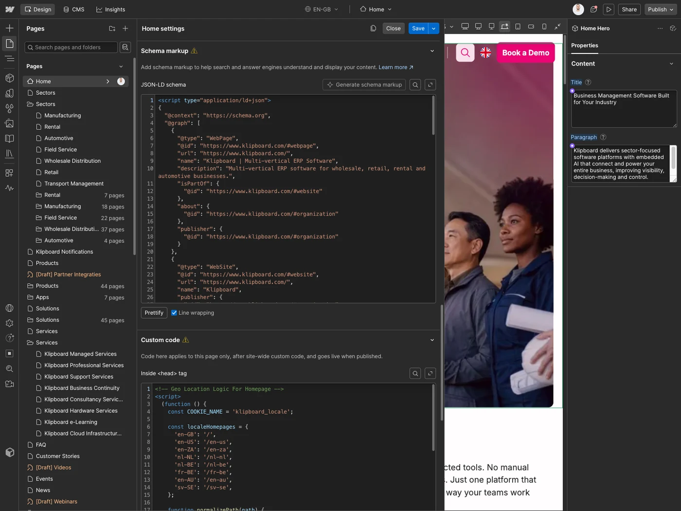 The schema markup of the Klipboard home page in Webflow: JSON-LD for the WebPage and WebSite, linked to the organization