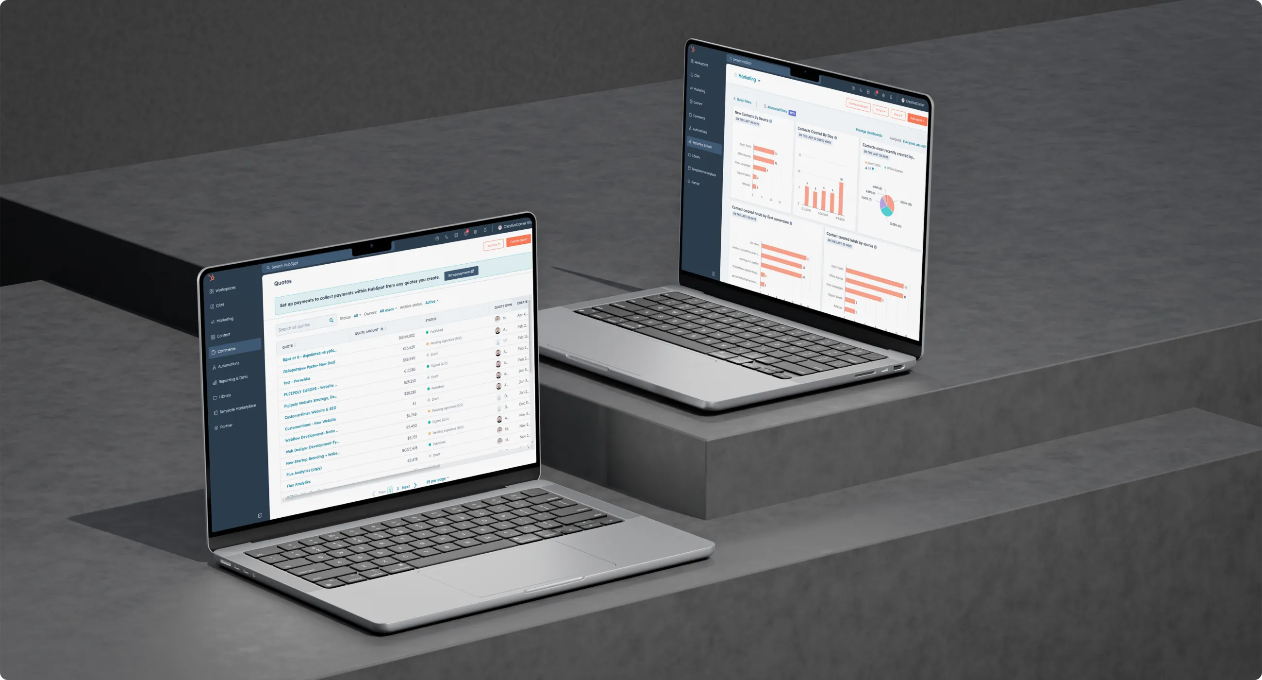Two laptops displaying HubSpot screenshots, featuring CRM tools and marketing analytics dashboards