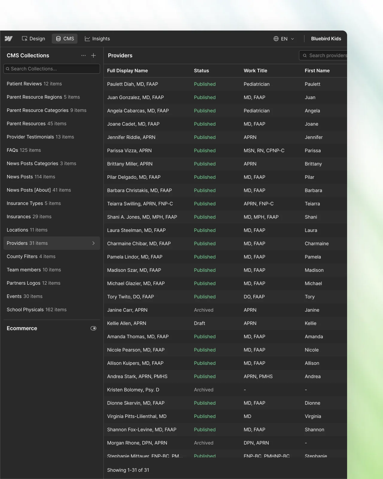 The Bluebird Kids Health Webflow CMS: collections for locations, providers, insurances, FAQs and school physicals, with the Providers collection open showing each provider's name, status and work title
