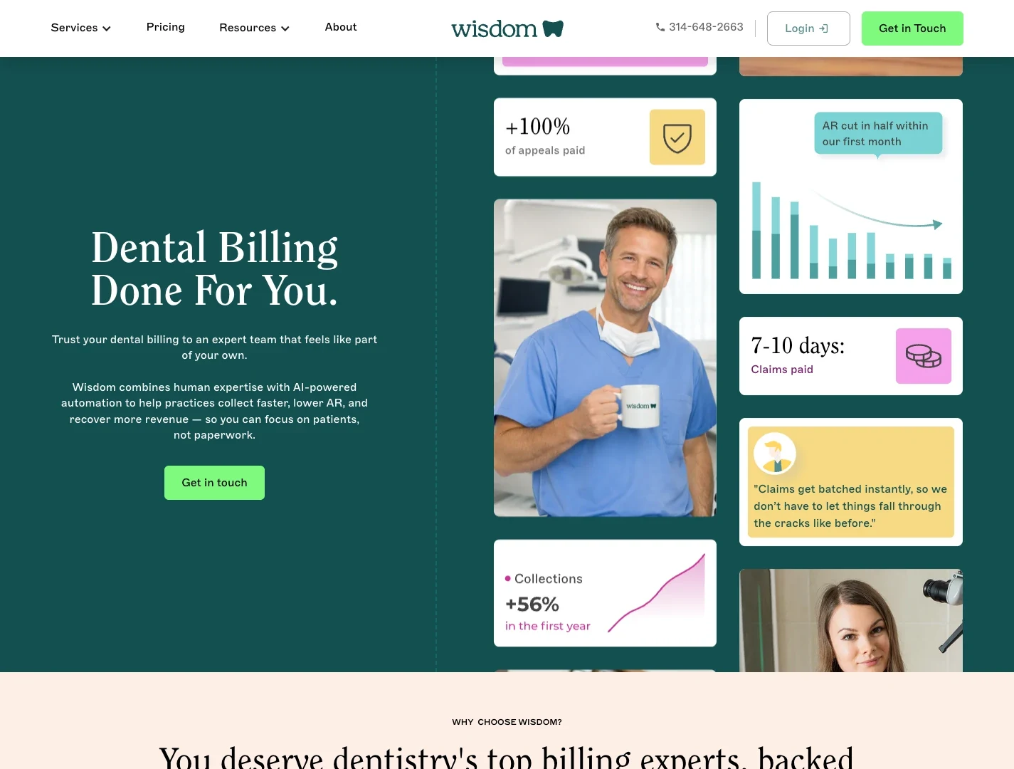 The Wisdom dental billing website we designed and built in Webflow