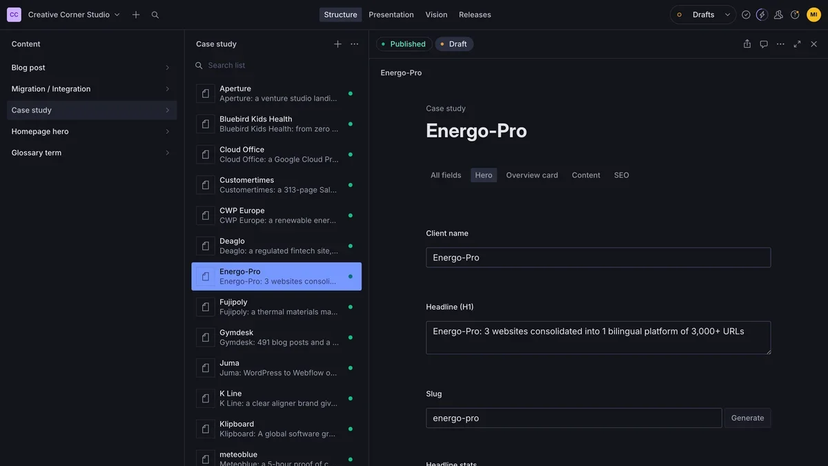 Sanity Studio for our own website: the Energo-Pro case study open for editing, with its headline, slug and headline stats