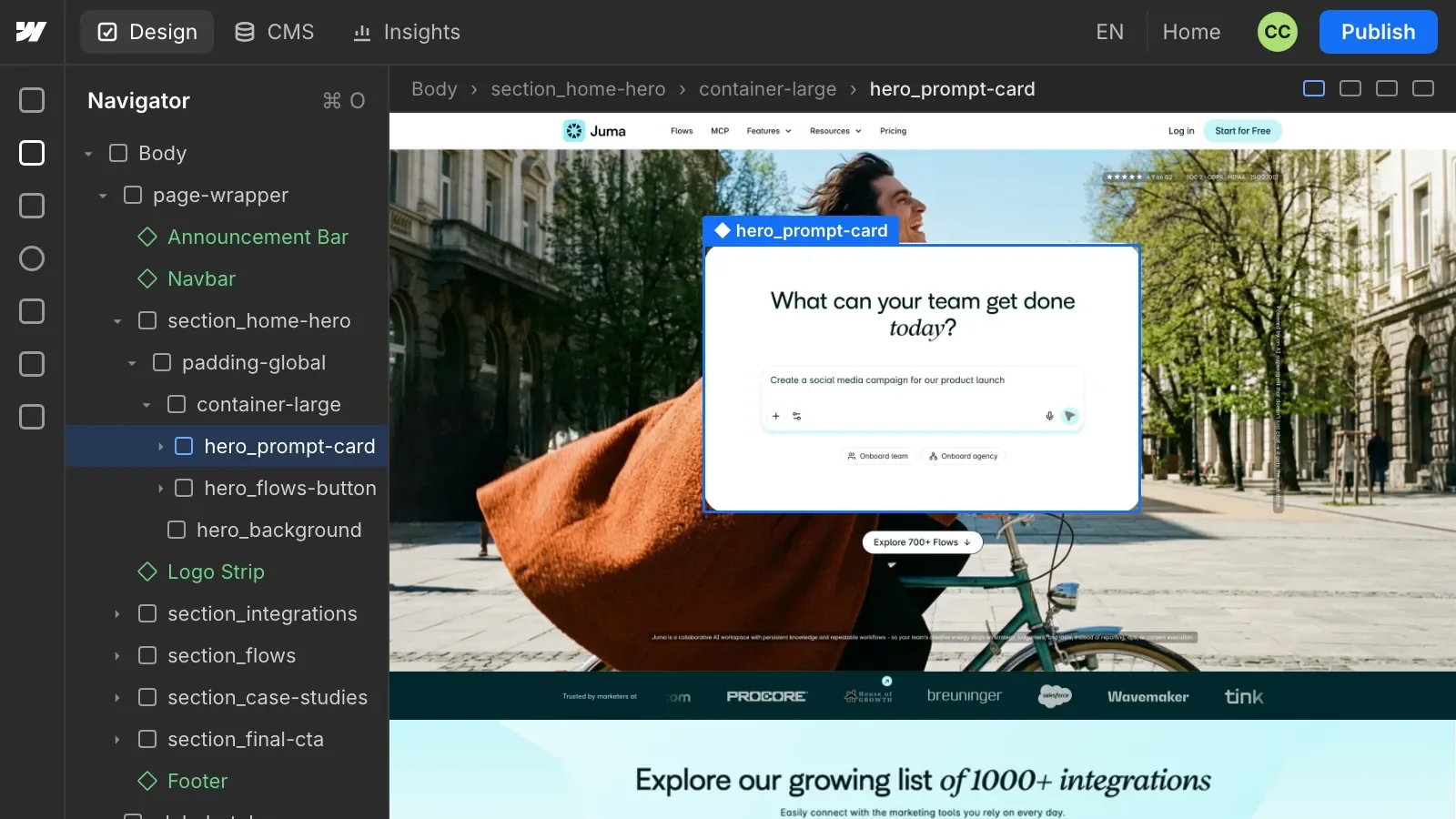 The Juma homepage open in the Webflow Designer, with the hero prompt card selected in the Navigator