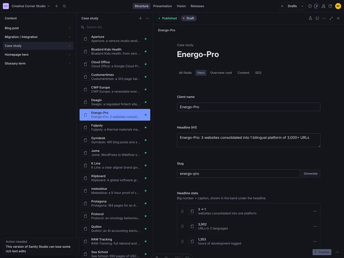 Sanity Studio open on the Energo-Pro case study, with the list of case studies beside it