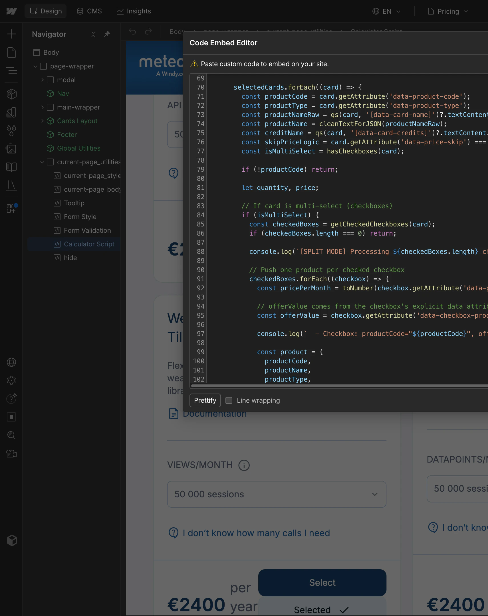 The meteoblue site open in the Webflow Designer, with the code embed editor