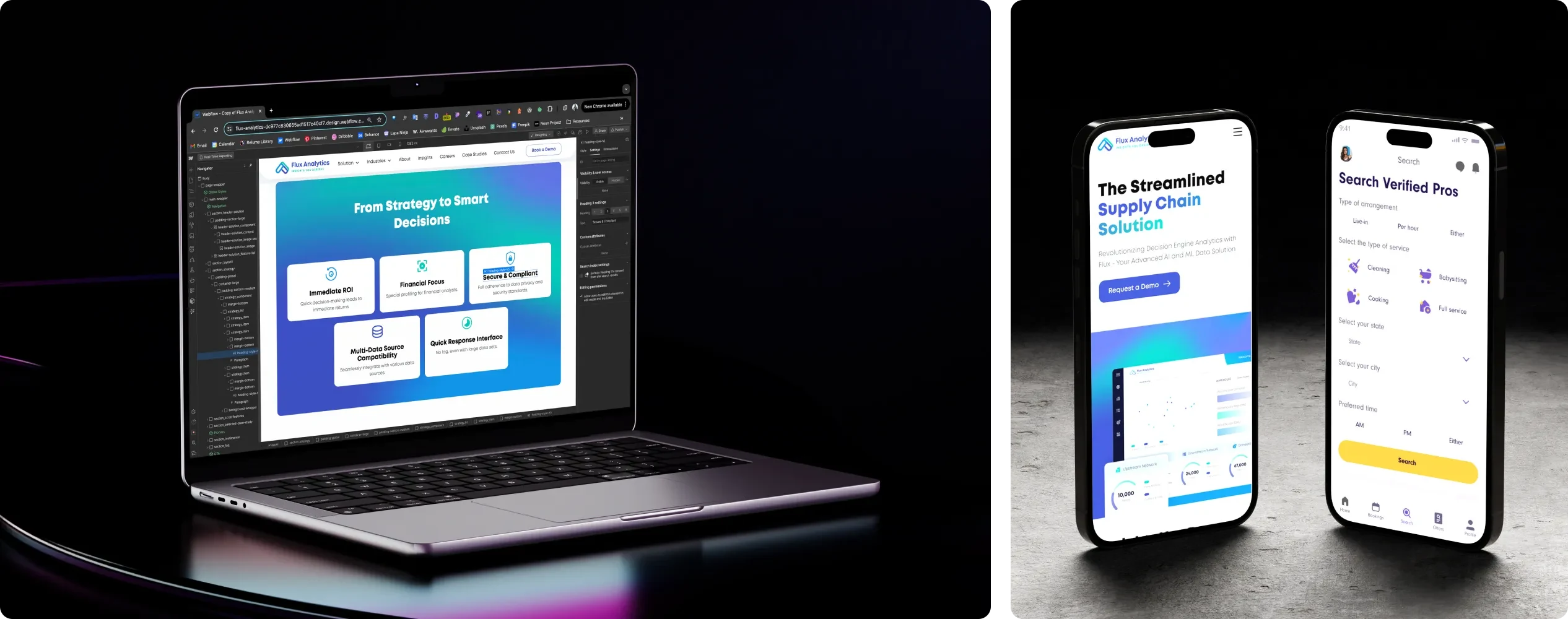 A Webflow build open on a laptop beside two phones showing mobile app designs