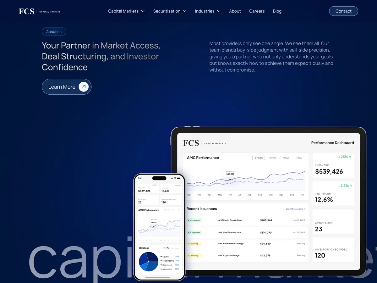 The FCS Capital Markets website we designed and built on Webflow