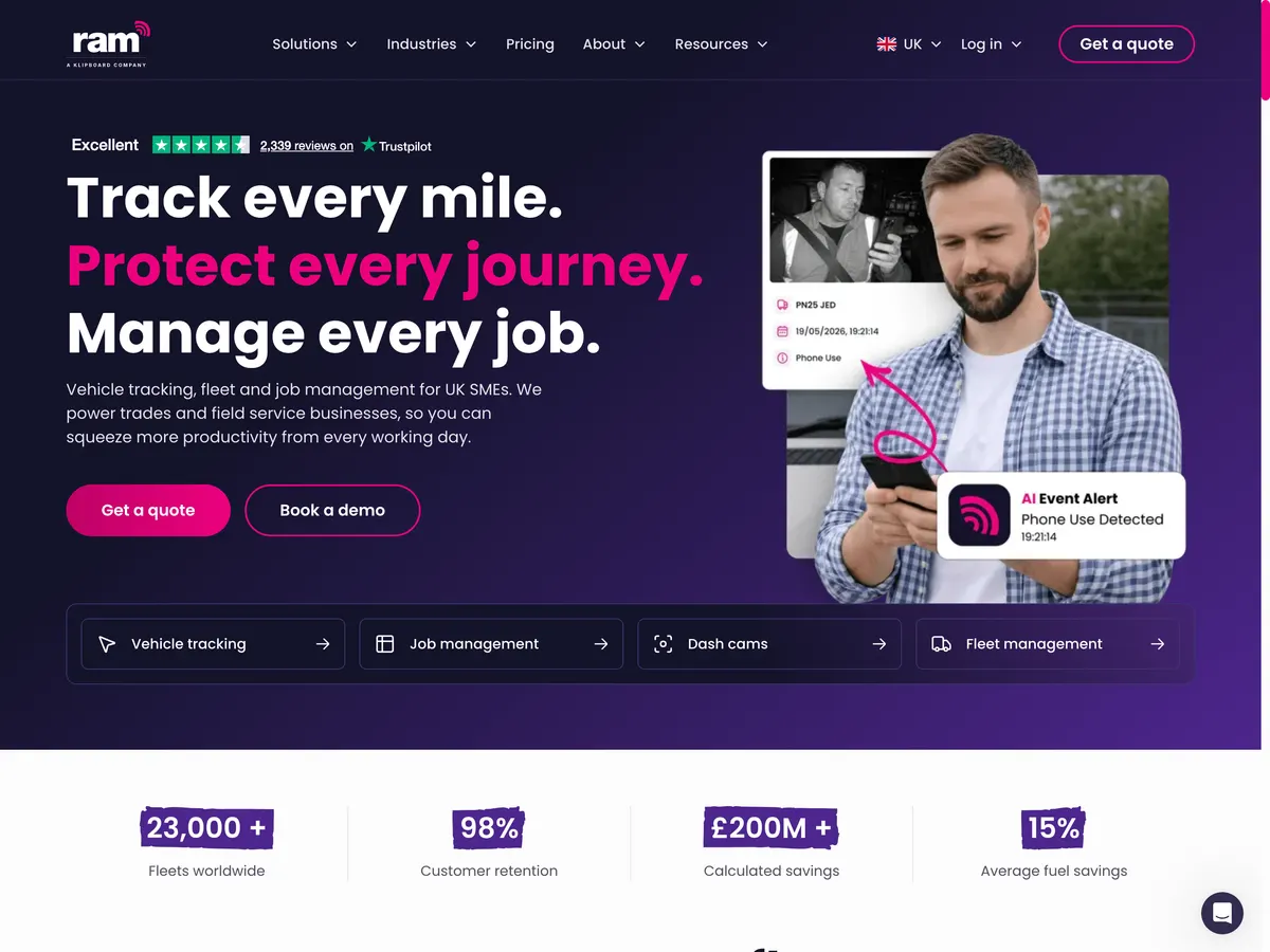 The RAM Tracking homepage we designed and built in Webflow