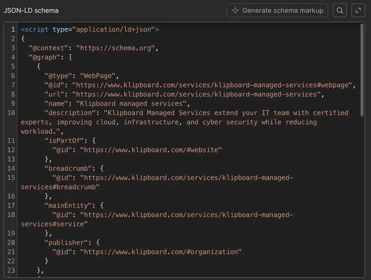 A JSON-LD schema panel with the WebPage markup for a Klipboard services page