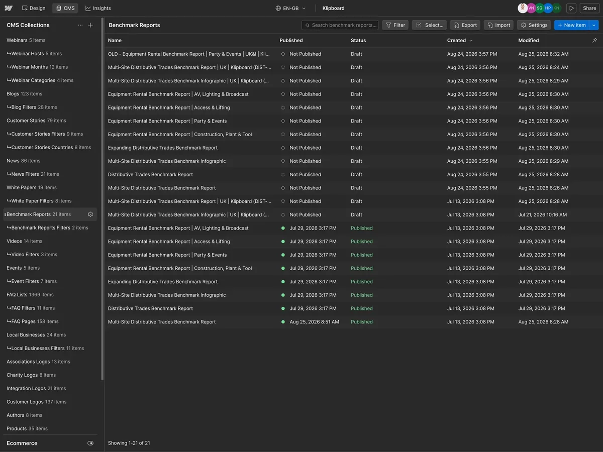 Klipboard's CMS in Webflow: webinars, blogs, customer stories, news and reports in one project