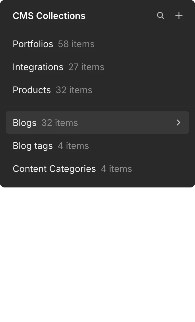 The Webflow CMS Collections panel: Portfolios, Integrations, Products, Blogs, Blog tags and Content Categories with their item counts, Blogs selected