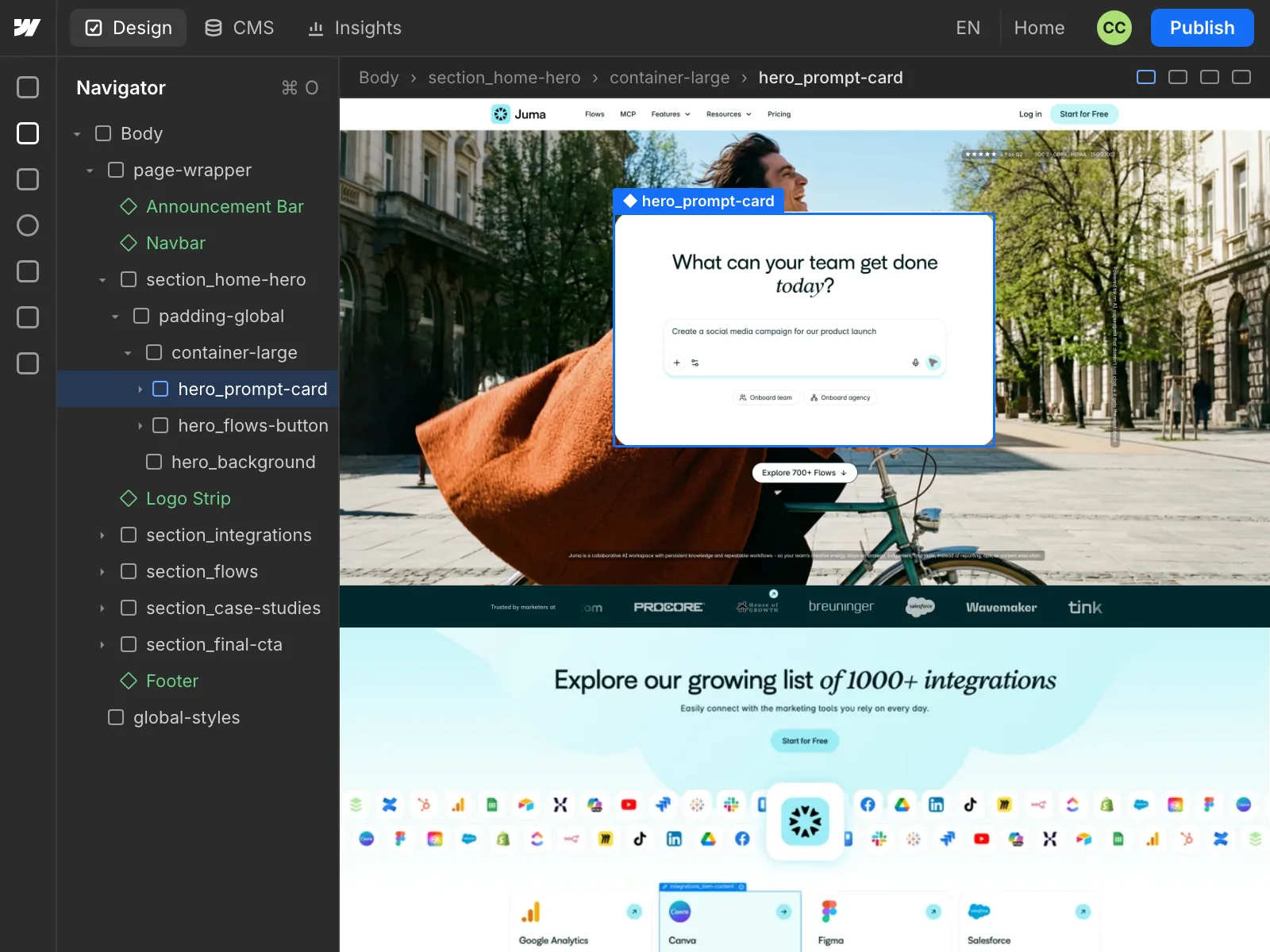 The Juma homepage open in the Webflow Designer, with the hero prompt card selected in the Navigator