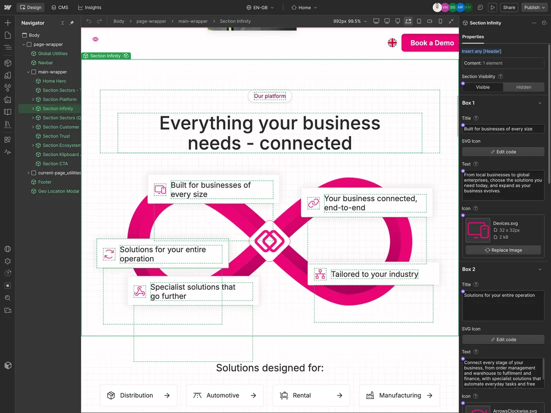 A CMS-driven landing page laid out in the Webflow Designer