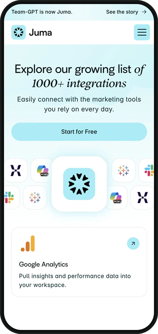 The Juma integrations page we built, on a phone: Explore our growing list of 1000+ integrations