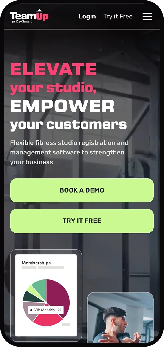 The TeamUp homepage we built, on a phone: Elevate your studio, empower your customers